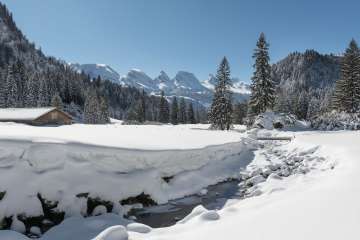 Alphütten, Berge, Schneeschuh, sonnig, Tag, unbearbeitet 2024, Unterwasser, Wald, Winterwandern
